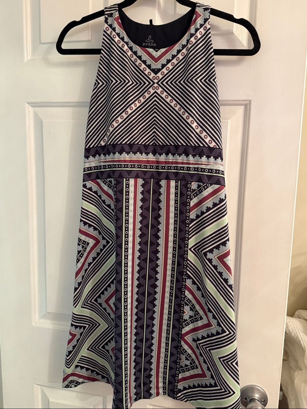 Prana Sleeveless Geometric Mini Dress in Black, White, Mint & Burgundy